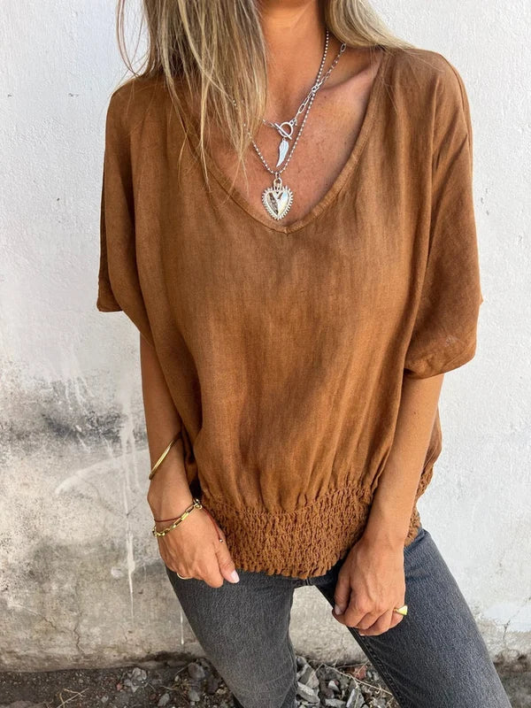 Jessica - Blusa de algodón y lino con cuello en V y bajo fruncido