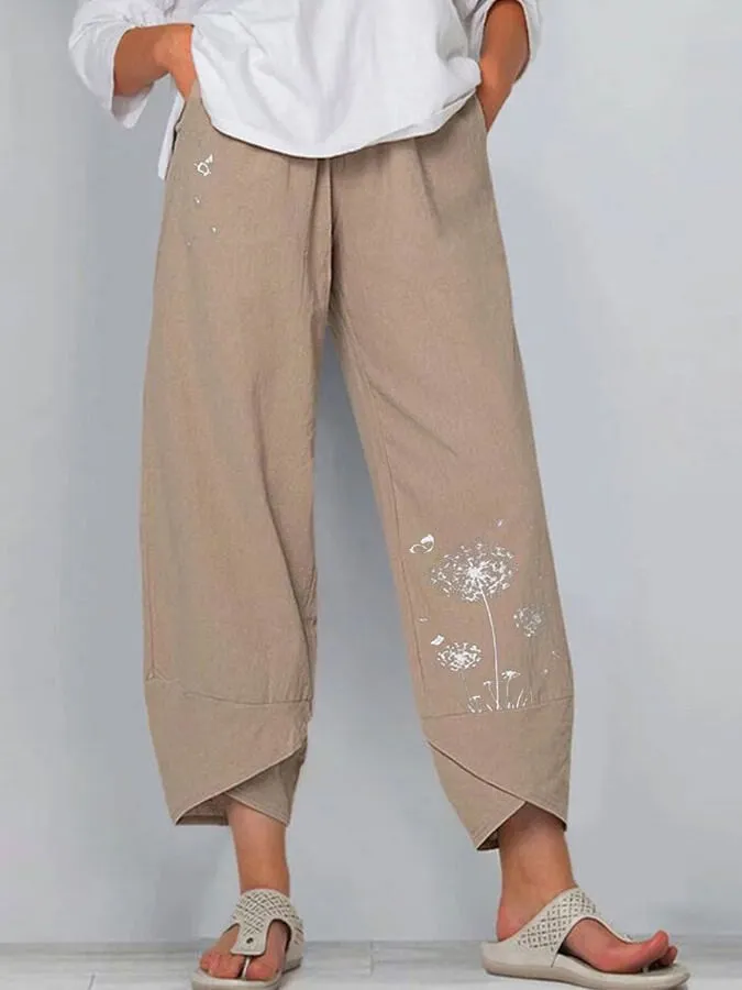 Esmeralda - Pantalones amplios de lino y algodón con estampado de diente de león para mujer