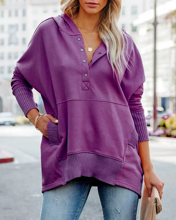 Brenda - Sudadera casual de color sólido con cuello en V y mangas de murciélago