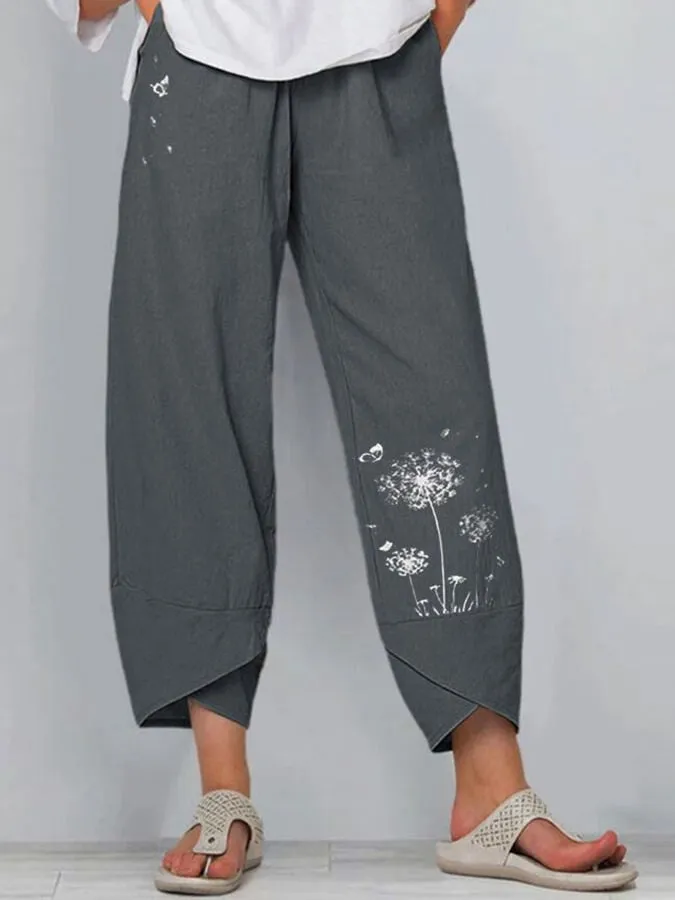 Esmeralda - Pantalones amplios de lino y algodón con estampado de diente de león para mujer