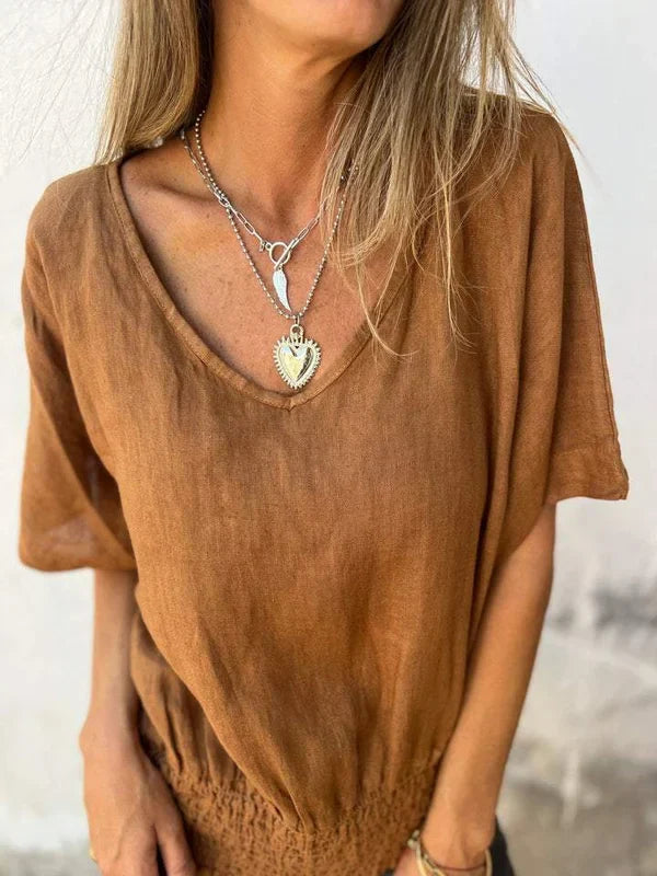 Jessica - Blusa de algodón y lino con cuello en V y bajo fruncido
