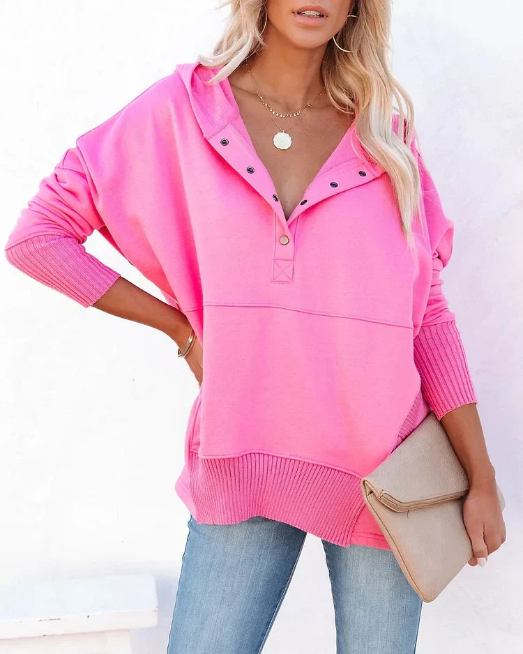 Brenda - Sudadera casual de color sólido con cuello en V y mangas de murciélago