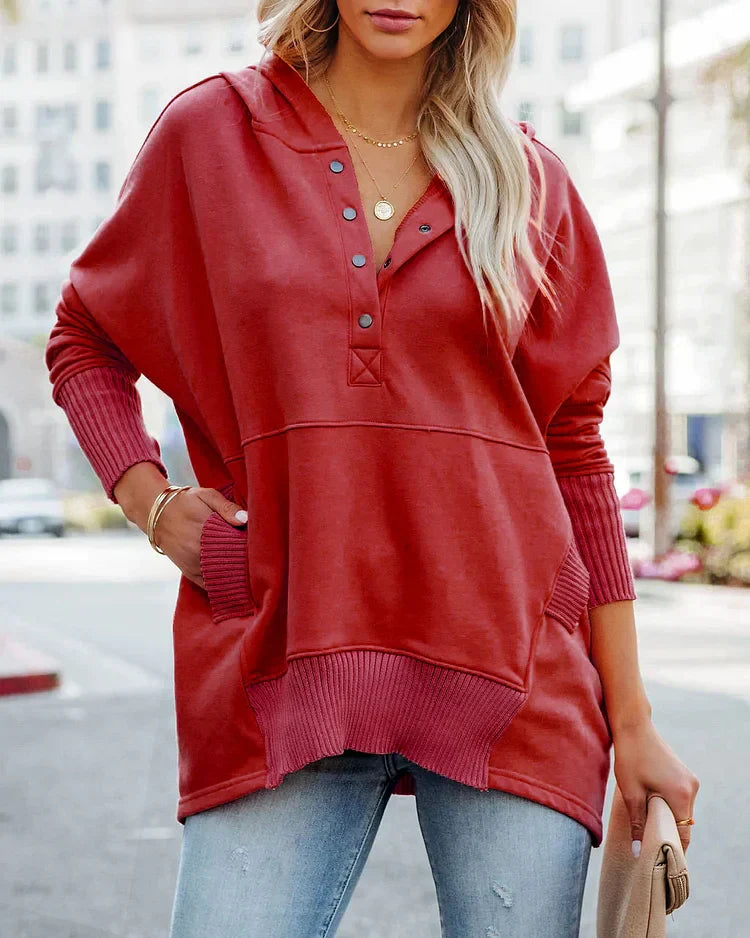 Brenda - Sudadera casual de color sólido con cuello en V y mangas de murciélago
