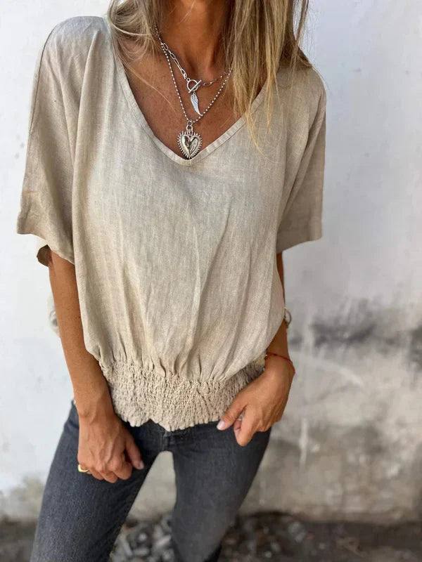 Jessica - Blusa de algodón y lino con cuello en V y bajo fruncido