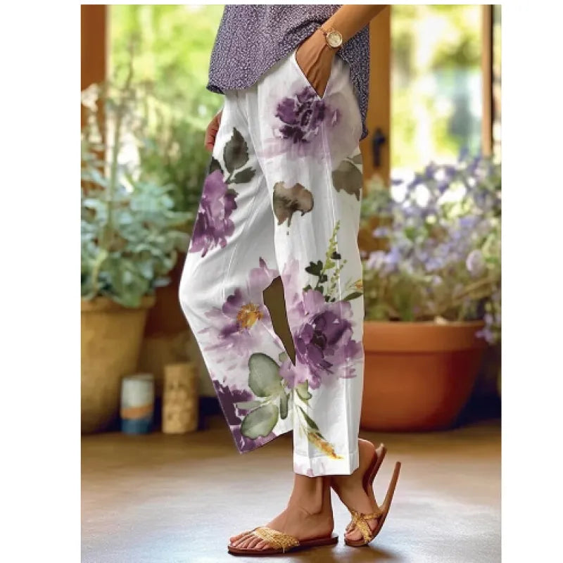 Victoria - Pantalones sueltos casuales con cordones de estampado floral botánico vintage para mujer
