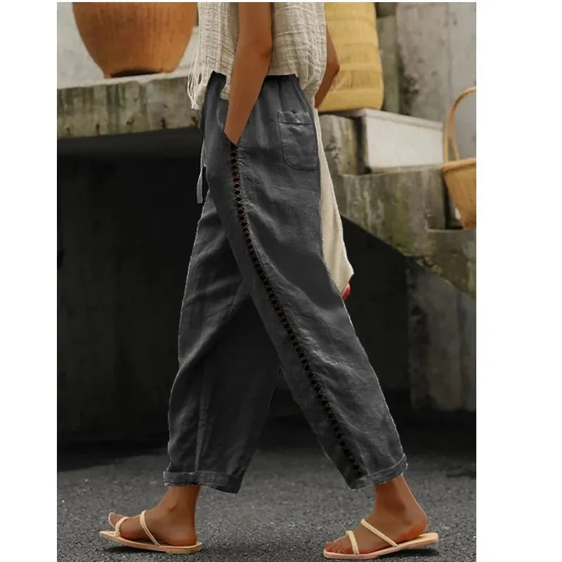 Mariam - Pantalones Casual para Mujer en Color Sólido con Detalles de Encaje