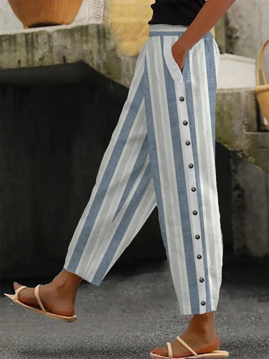Amalie - Pantalones Informales con Diseño de Rayas y Botones