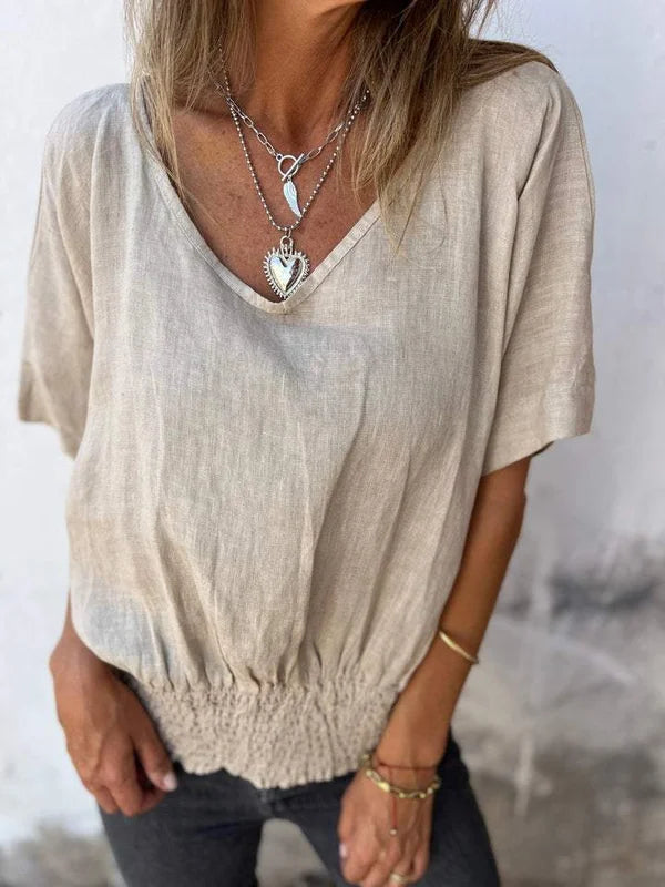 Jessica - Blusa de algodón y lino con cuello en V y bajo fruncido