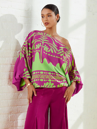 Camisa de satén con estampado geométrico floral y mangas abullonadas