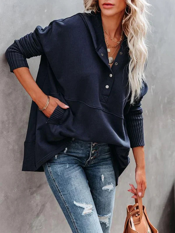 Brenda - Sudadera casual de color sólido con cuello en V y mangas de murciélago