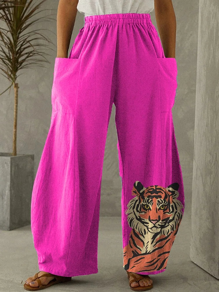 Pantalones de mujer de pata ancha con cintura elástica en estampado de tigre rosa - Casual