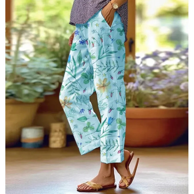 Victoria - Pantalones sueltos casuales con cordones de estampado floral botánico vintage para mujer