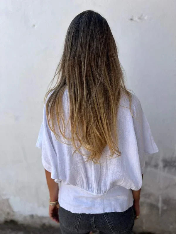 Jessica - Blusa de algodón y lino con cuello en V y bajo fruncido