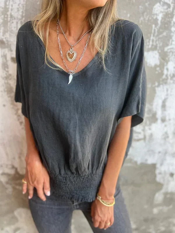 Jessica - Blusa de algodón y lino con cuello en V y bajo fruncido