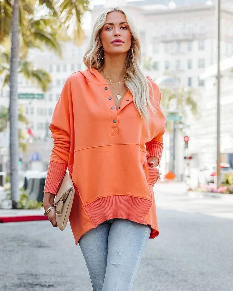 Brenda - Sudadera casual de color sólido con cuello en V y mangas de murciélago
