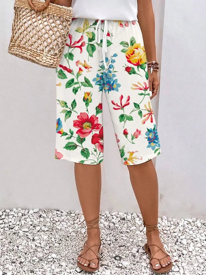 Emma - Pantalones de mujer amplios y relajados con cordones en estampado floral y botánico