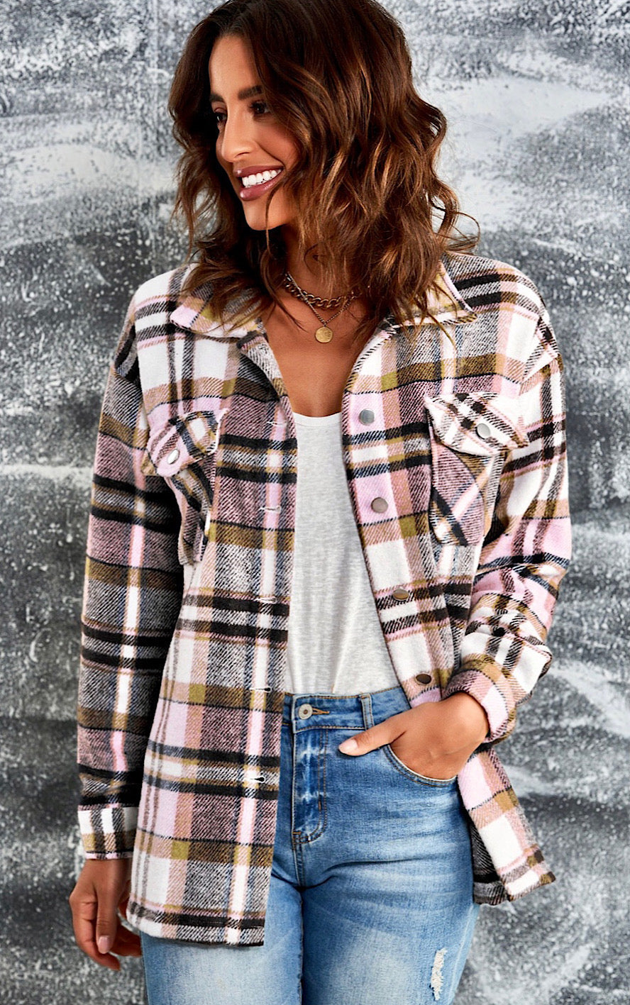 Chaqueta de Cuadros Cálida con Botones y Bolsillos