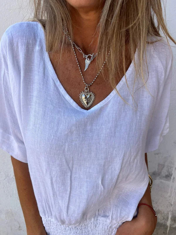 Jessica - Blusa de algodón y lino con cuello en V y bajo fruncido