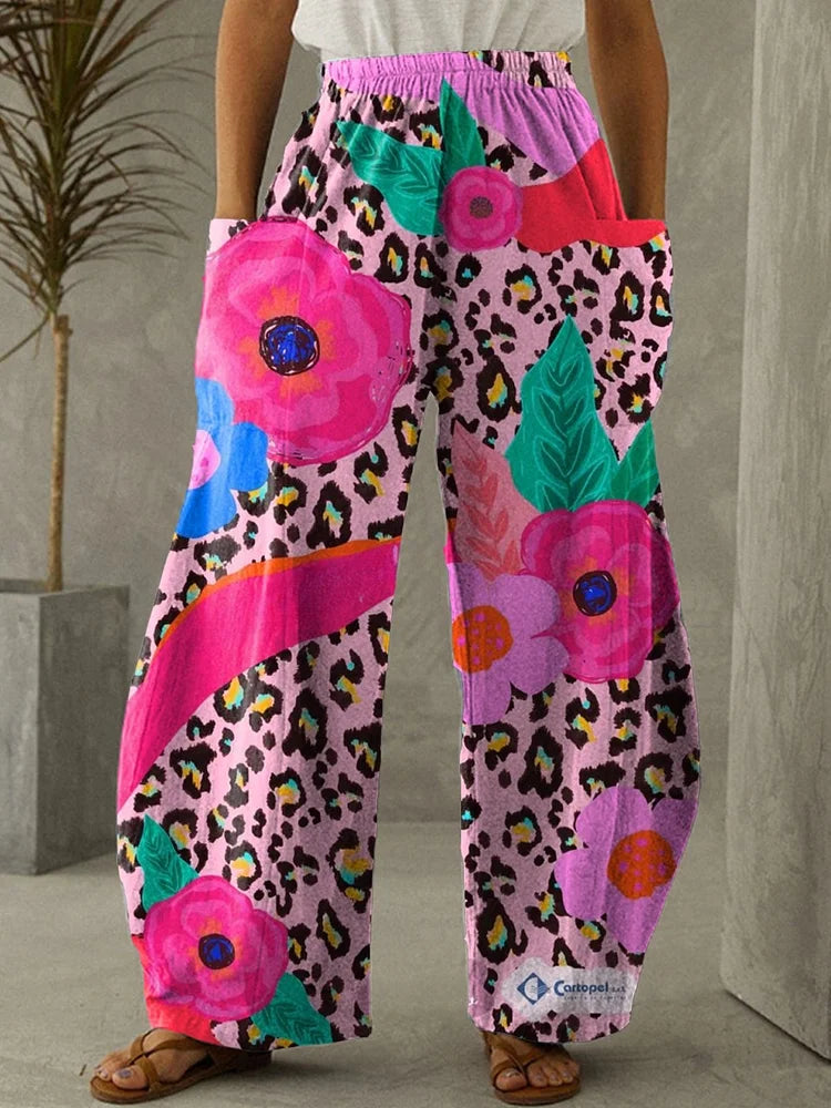 Pantalones largos de mujer con cintura elástica y ancha, estilo casual, con estampado floral artístico en rosa