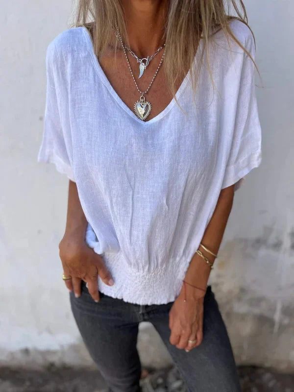 Jessica - Blusa de algodón y lino con cuello en V y bajo fruncido