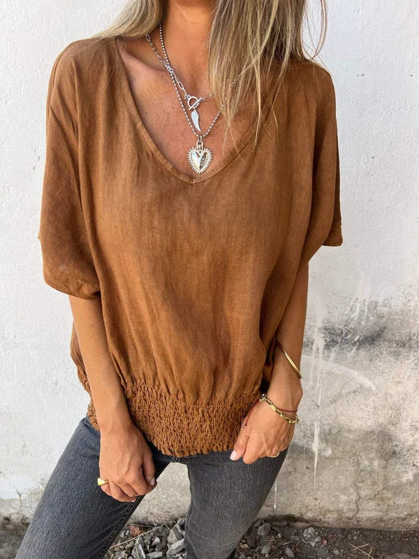 Jessica - Blusa de algodón y lino con cuello en V y bajo fruncido