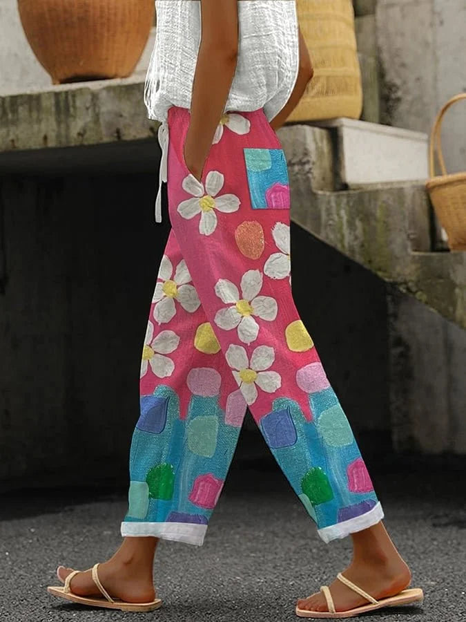 Eliana - Pantalones con cordón y diseño de pintura al óleo