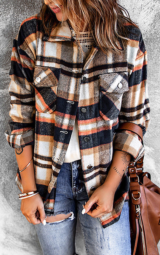 Chaqueta de Cuadros Cálida con Botones y Bolsillos