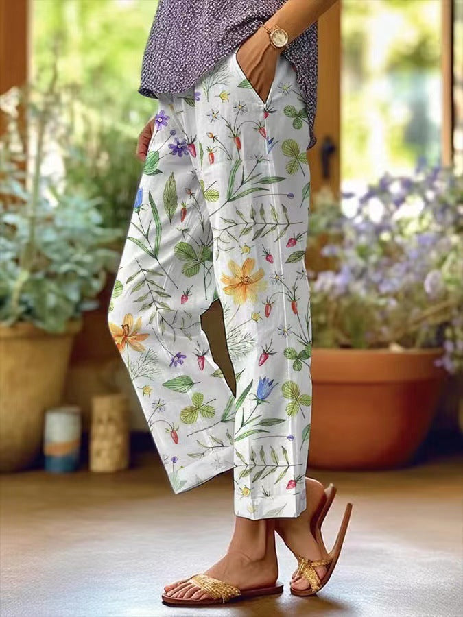 Victoria - Pantalones sueltos casuales con cordones de estampado floral botánico vintage para mujer
