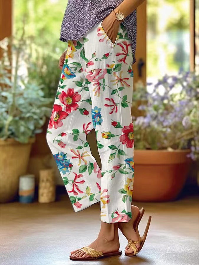 Victoria - Pantalones sueltos casuales con cordones de estampado floral botánico vintage para mujer