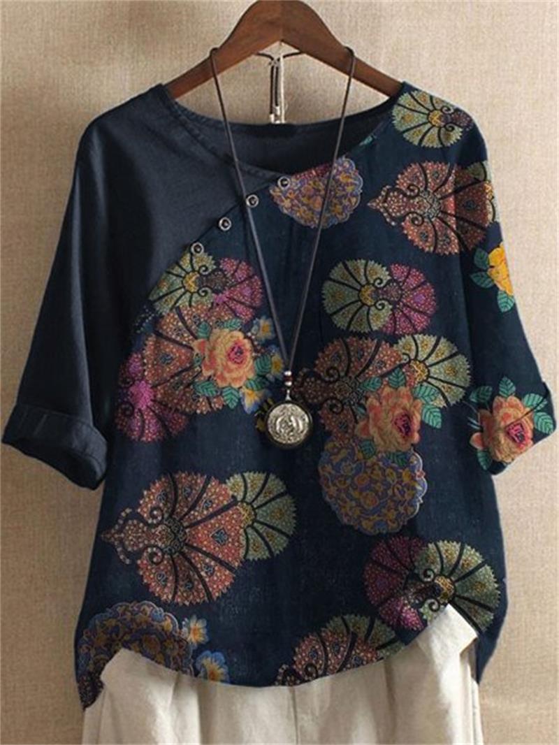 Linda - Camiseta de mujer de manga corta con botones y diseño floral