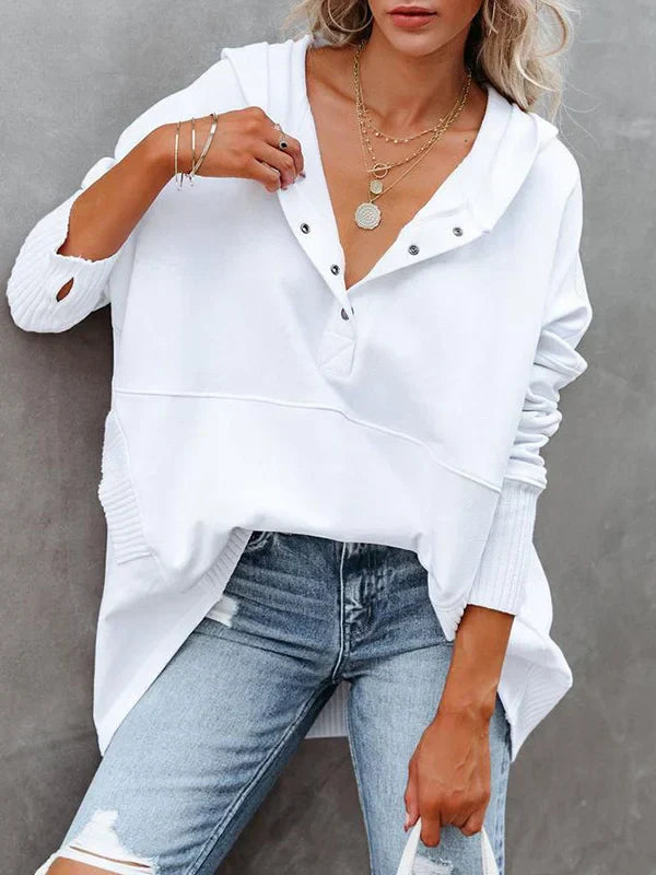 Brenda - Sudadera casual de color sólido con cuello en V y mangas de murciélago