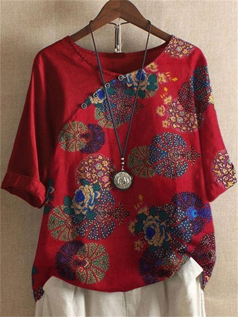 Linda - Camiseta de mujer de manga corta con botones y diseño floral