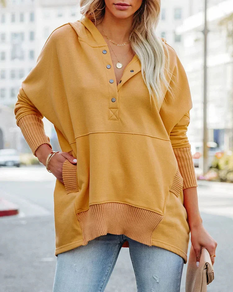 Brenda - Sudadera casual de color sólido con cuello en V y mangas de murciélago