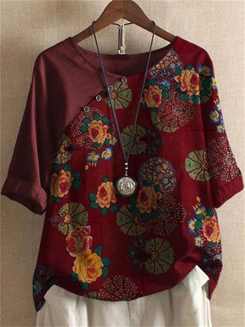 Linda - Camiseta de mujer de manga corta con botones y diseño floral