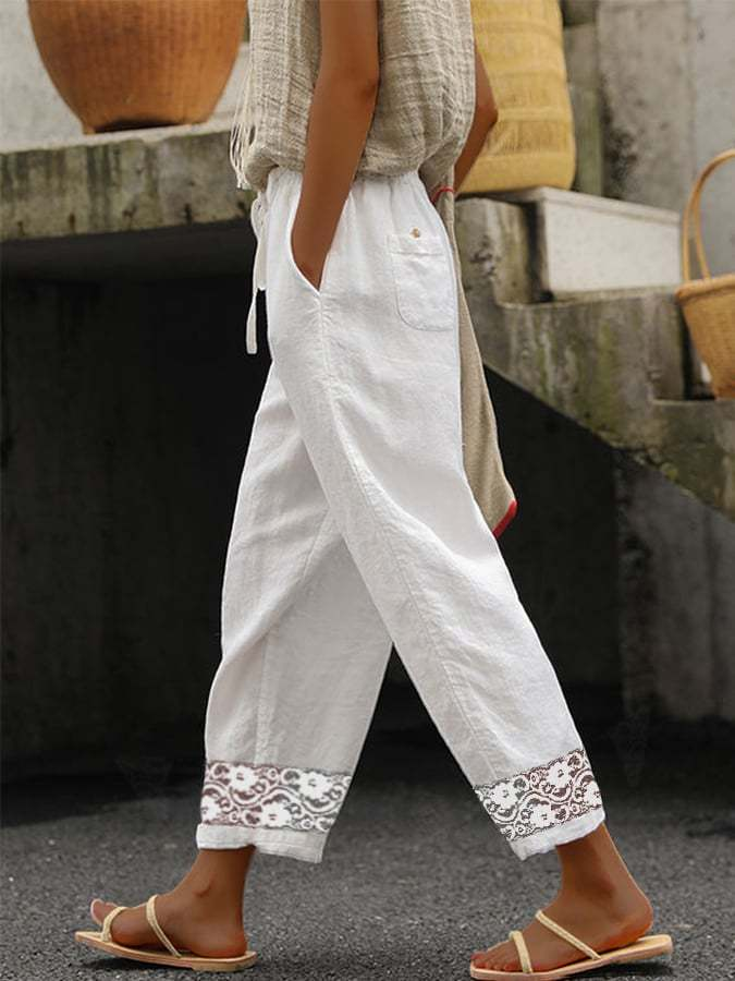 Lucia - Pantalones Casual de Algodón para Mujer, Elegantes y Sólidos con Detalles de Encaje