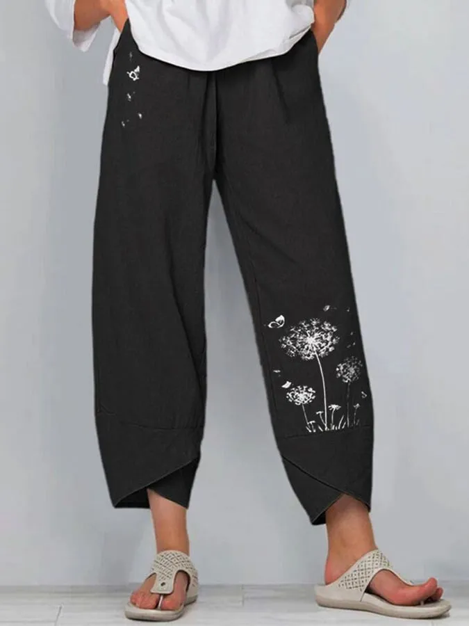 Esmeralda - Pantalones amplios de lino y algodón con estampado de diente de león para mujer