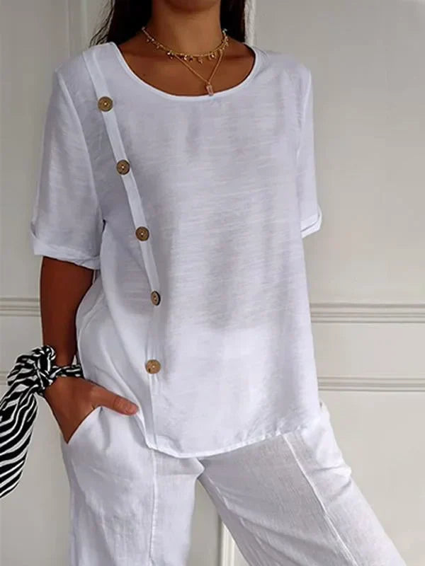 Sandra - Camisa Casual de Algodón y Lino para Mujer con Diseño de Botones