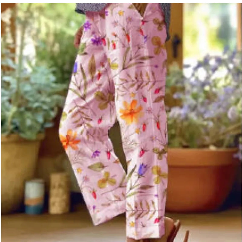 Victoria - Pantalones sueltos casuales con cordones de estampado floral botánico vintage para mujer